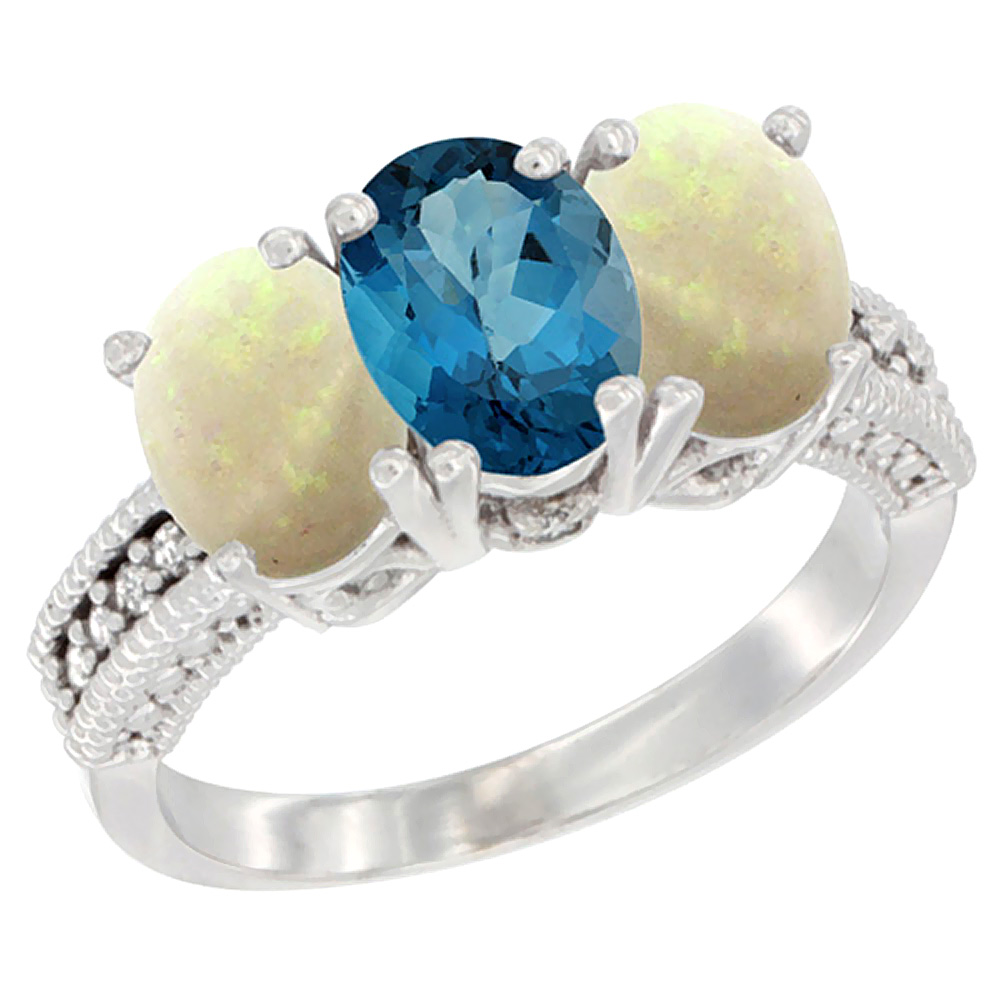 14K White Gold Natural London Blue Topaz &amp; Opal Sides Ring 3-Stone 7x5 mm Oval Diamond Accent, sizes 5 - 10