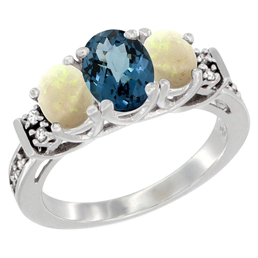14K White Gold Natural London Blue Topaz & Opal Ring 3-Stone Oval Diamond Accent, sizes 5-10