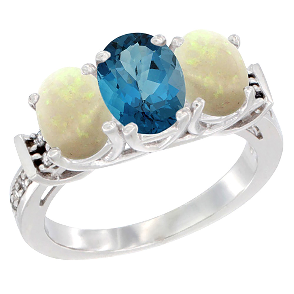 10K White Gold Natural London Blue Topaz &amp; Opal Sides Ring 3-Stone Oval Diamond Accent, sizes 5 - 10