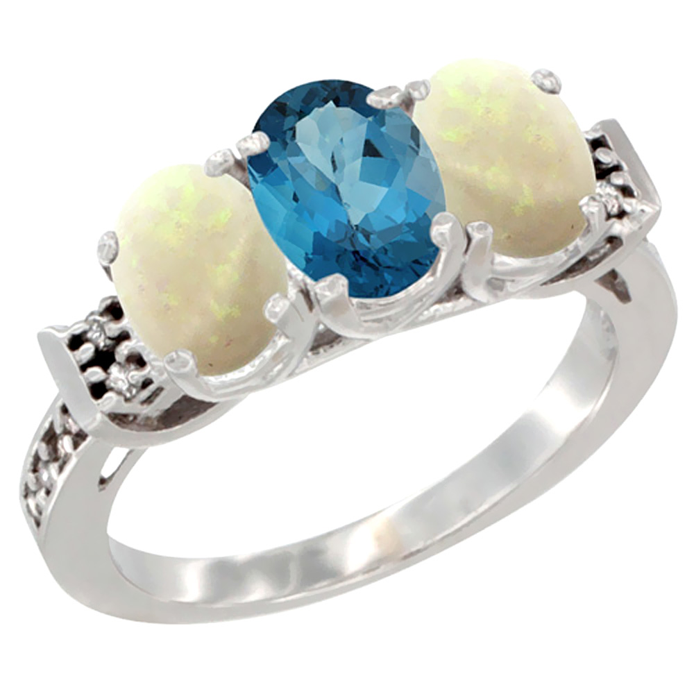14K White Gold Natural London Blue Topaz &amp; Opal Sides Ring 3-Stone Oval 7x5 mm Diamond Accent, sizes 5 - 10