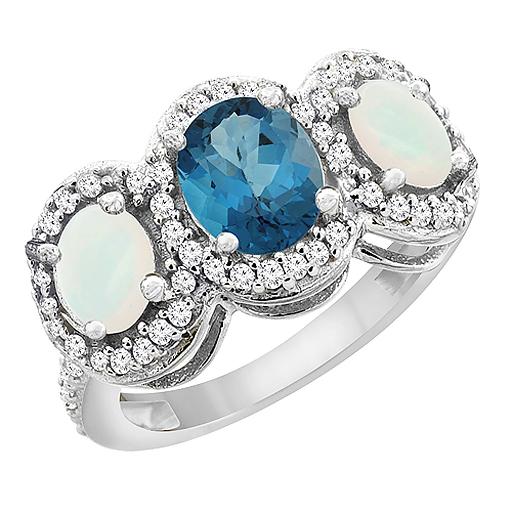 14K White Gold Natural London Blue Topaz & Opal 3-Stone Ring Oval Diamond Accent, sizes 5 - 10
