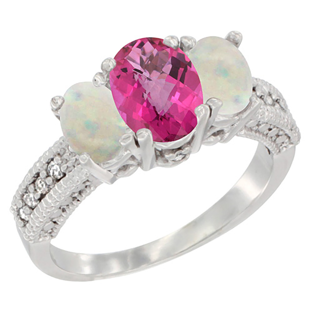 10K White Gold Diamond Natural Pink Topaz Ring Oval 3-stone with Opal, sizes 5 - 10