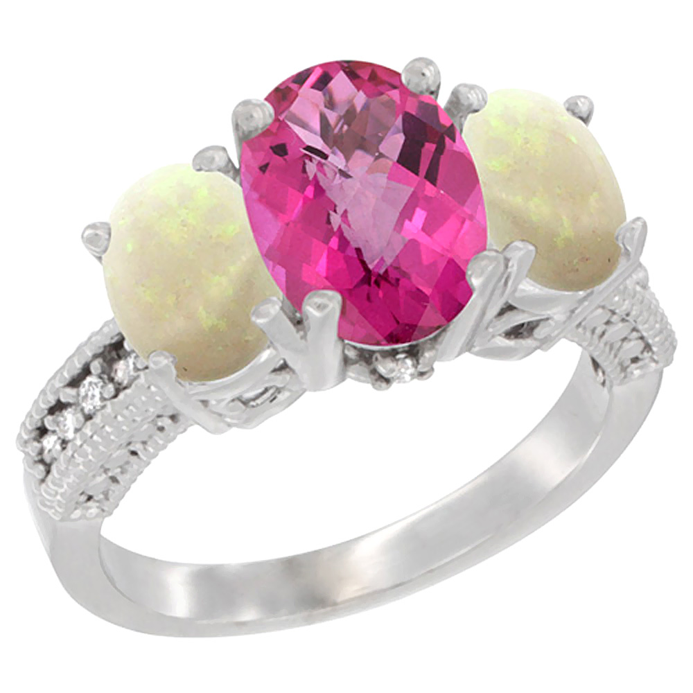 10K White Gold Diamond Natural Pink Topaz Ring 3-Stone Oval 8x6mm with Opal, sizes5-10