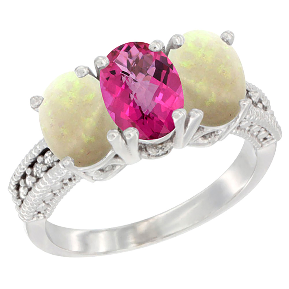 14K White Gold Natural Pink Topaz &amp; Opal Sides Ring 3-Stone 7x5 mm Oval Diamond Accent, sizes 5 - 10