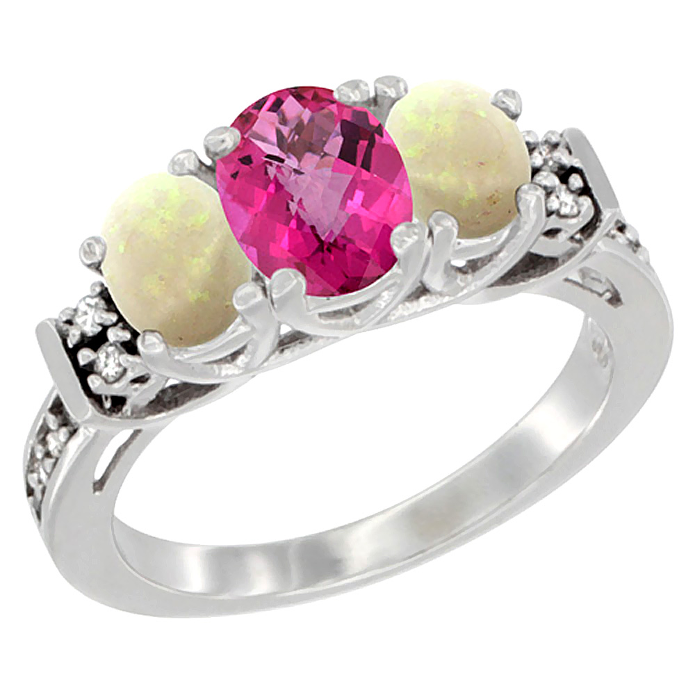 10K White Gold Natural Pink Topaz & Opal Ring 3-Stone Oval Diamond Accent, sizes 5-10
