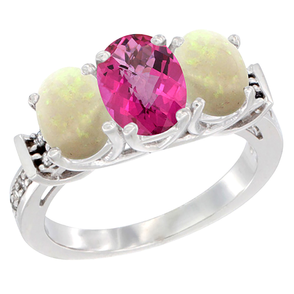 10K White Gold Natural Pink Topaz &amp; Opal Sides Ring 3-Stone Oval Diamond Accent, sizes 5 - 10