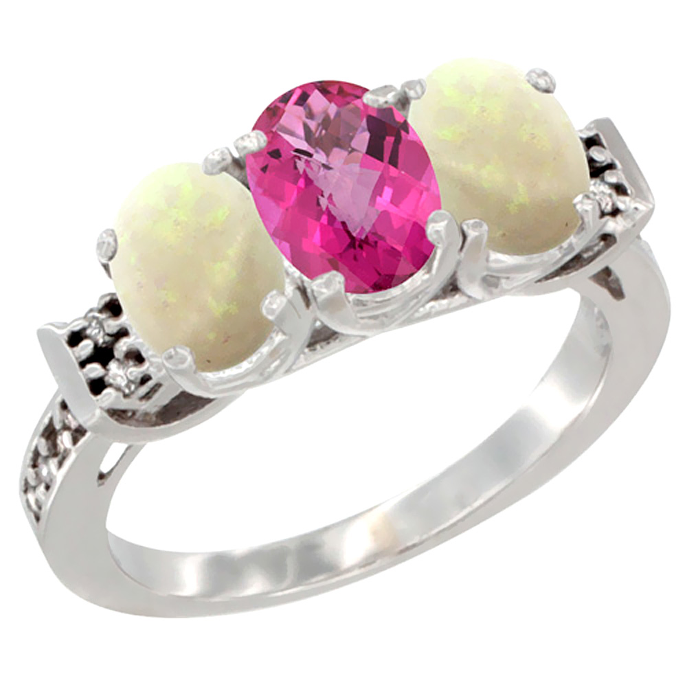 10K White Gold Natural Pink Topaz & Opal Sides Ring 3-Stone Oval 7x5 mm Diamond Accent, sizes 5 - 10