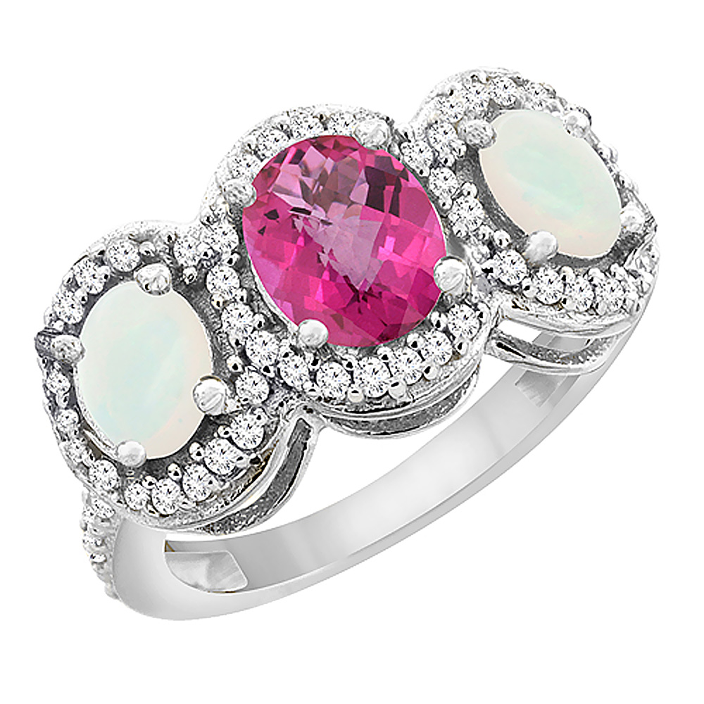 14K White Gold Natural Pink Sapphire & Opal 3-Stone Ring Oval Diamond Accent, sizes 5 - 10