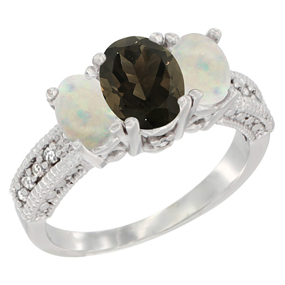 10K White Gold Diamond Natural Smoky Topaz Ring Oval 3-stone with Opal, sizes 5 - 10