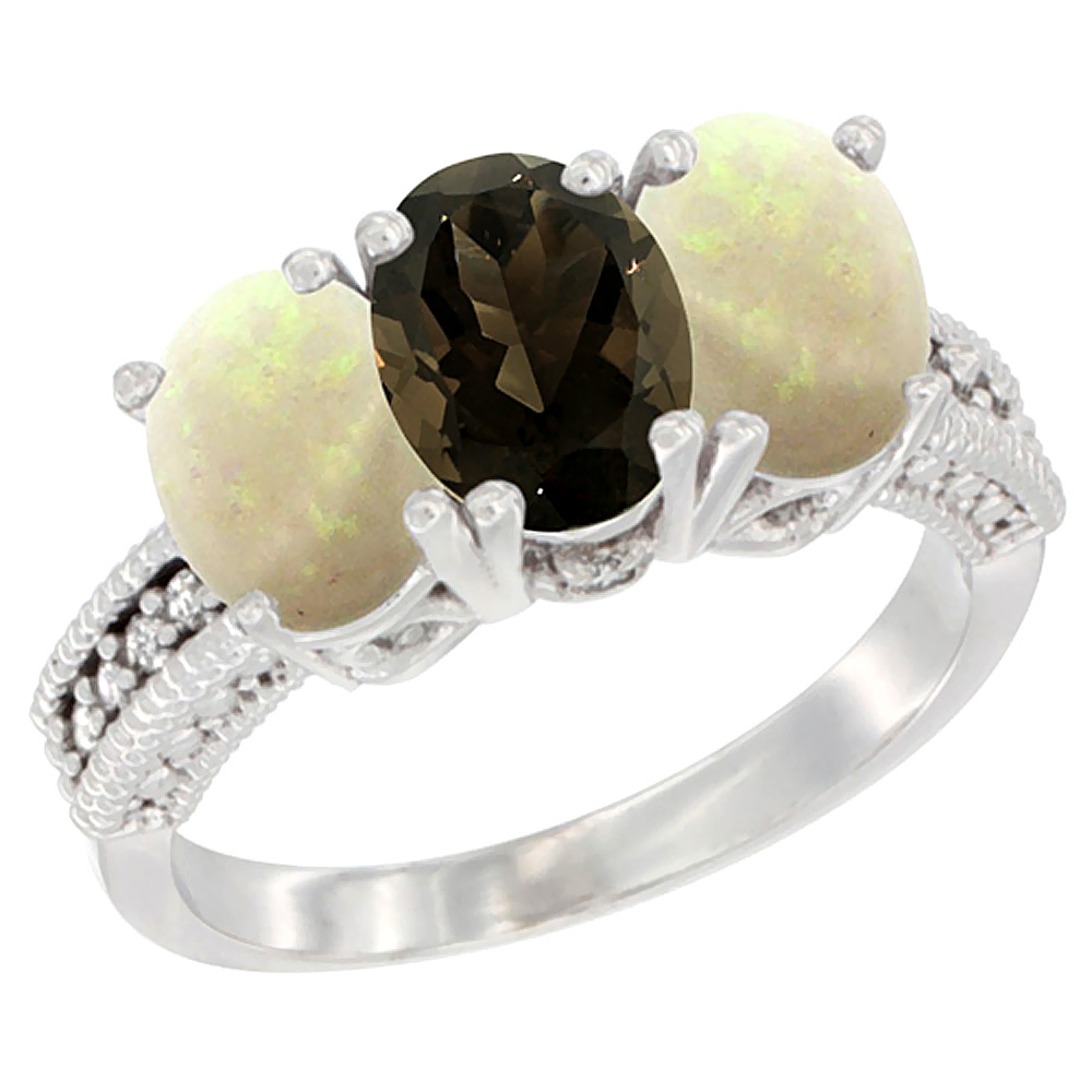 14K White Gold Natural Smoky Topaz & Opal Sides Ring 3-Stone 7x5 mm Oval Diamond Accent, sizes 5 - 10