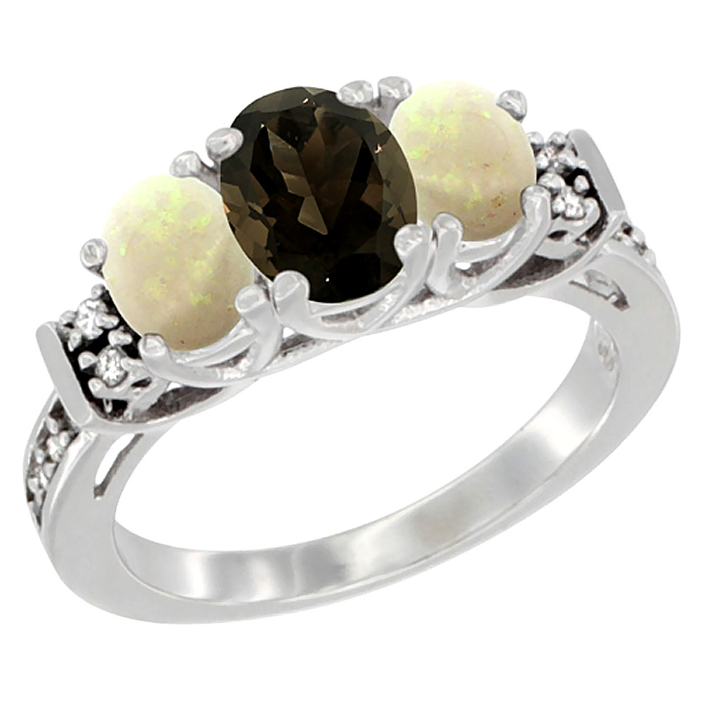 14K White Gold Natural Smoky Topaz & Opal Ring 3-Stone Oval Diamond Accent, sizes 5-10