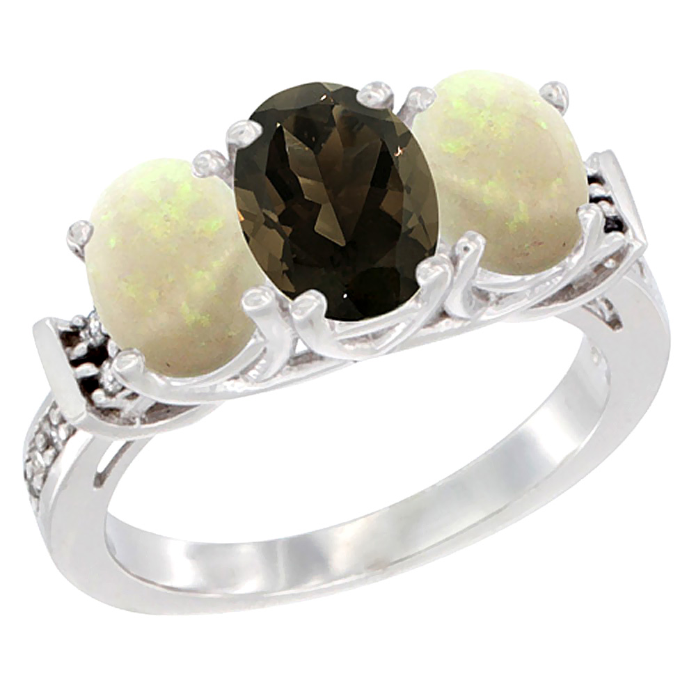 10K White Gold Natural Smoky Topaz & Opal Sides Ring 3-Stone Oval Diamond Accent, sizes 5 - 10