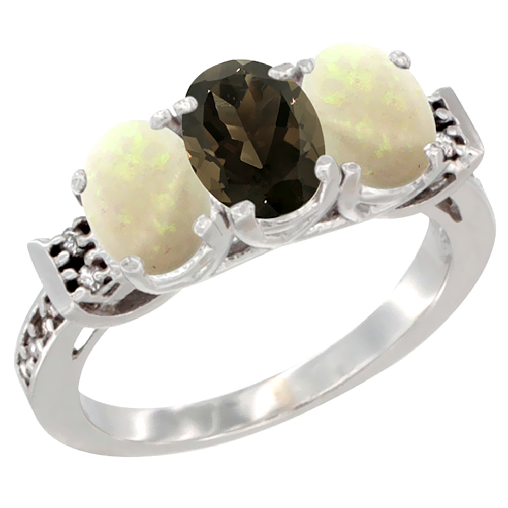 10K White Gold Natural Smoky Topaz &amp; Opal Sides Ring 3-Stone Oval 7x5 mm Diamond Accent, sizes 5 - 10