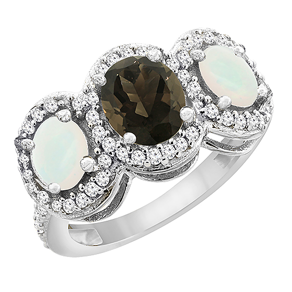 14K White Gold Natural Smoky Topaz & Opal 3-Stone Ring Oval Diamond Accent, sizes 5 - 10