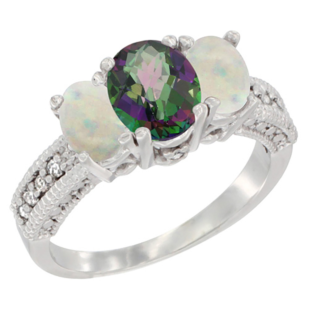 10K White Gold Diamond Natural Mystic Topaz Ring Oval 3-stone with Opal, sizes 5 - 10