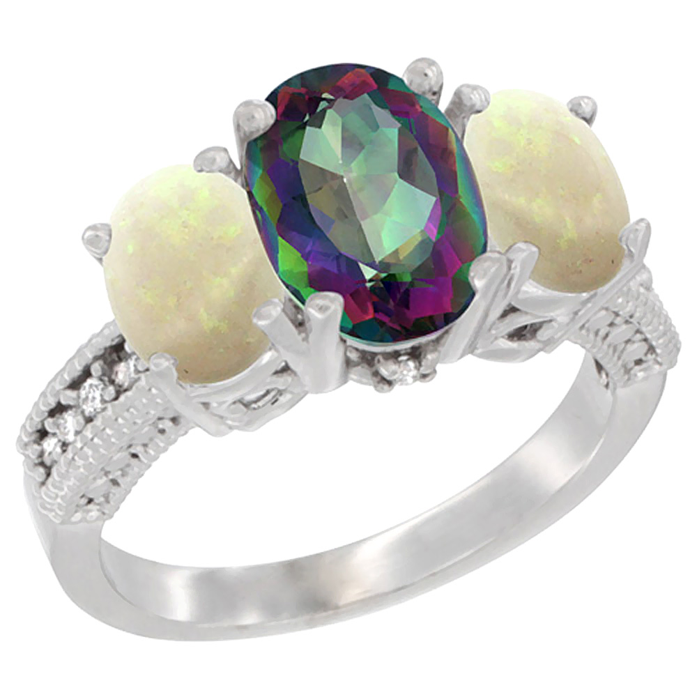 10K White Gold Diamond Natural Mystic Topaz Ring 3-Stone Oval 8x6mm with Opal, sizes5-10