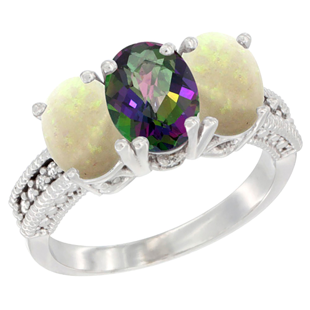 14K White Gold Natural Mystic Topaz & Opal Sides Ring 3-Stone 7x5 mm Oval Diamond Accent, sizes 5 - 10
