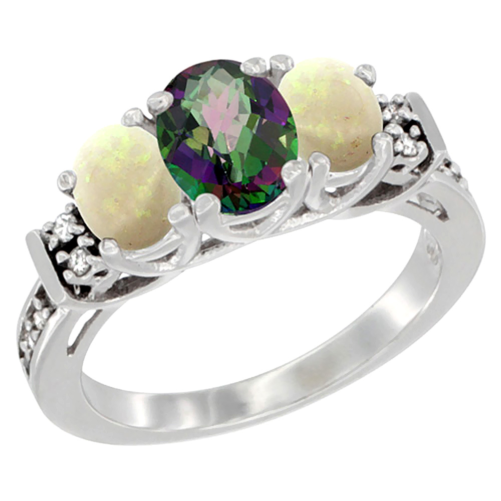 14K White Gold Natural Mystic Topaz & Opal Ring 3-Stone Oval Diamond Accent, sizes 5-10