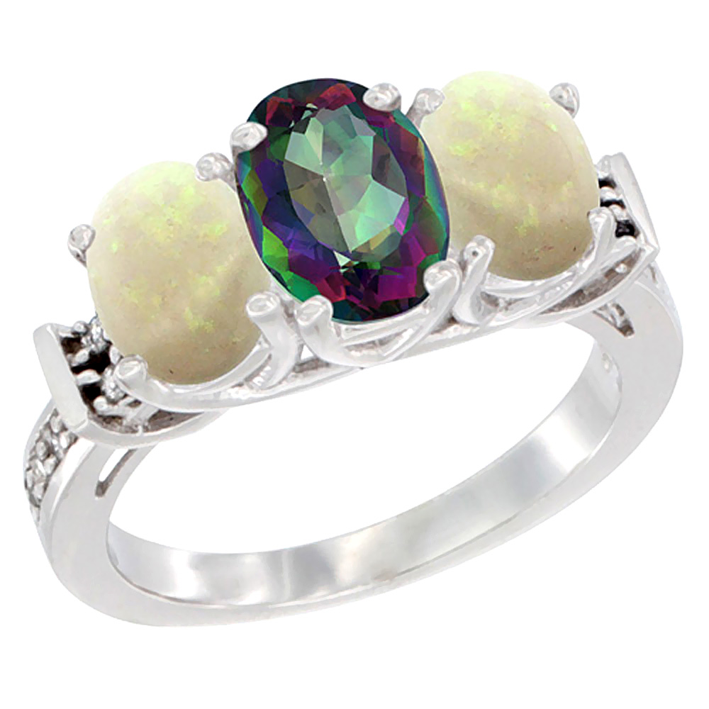 14K White Gold Natural Mystic Topaz & Opal Sides Ring 3-Stone Oval Diamond Accent, sizes 5 - 10