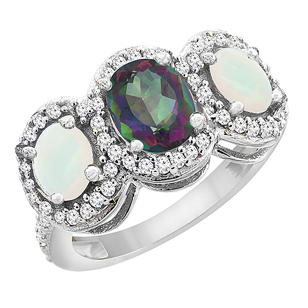 14K White Gold Natural Mystic Topaz & Opal 3-Stone Ring Oval Diamond Accent, sizes 5 - 10