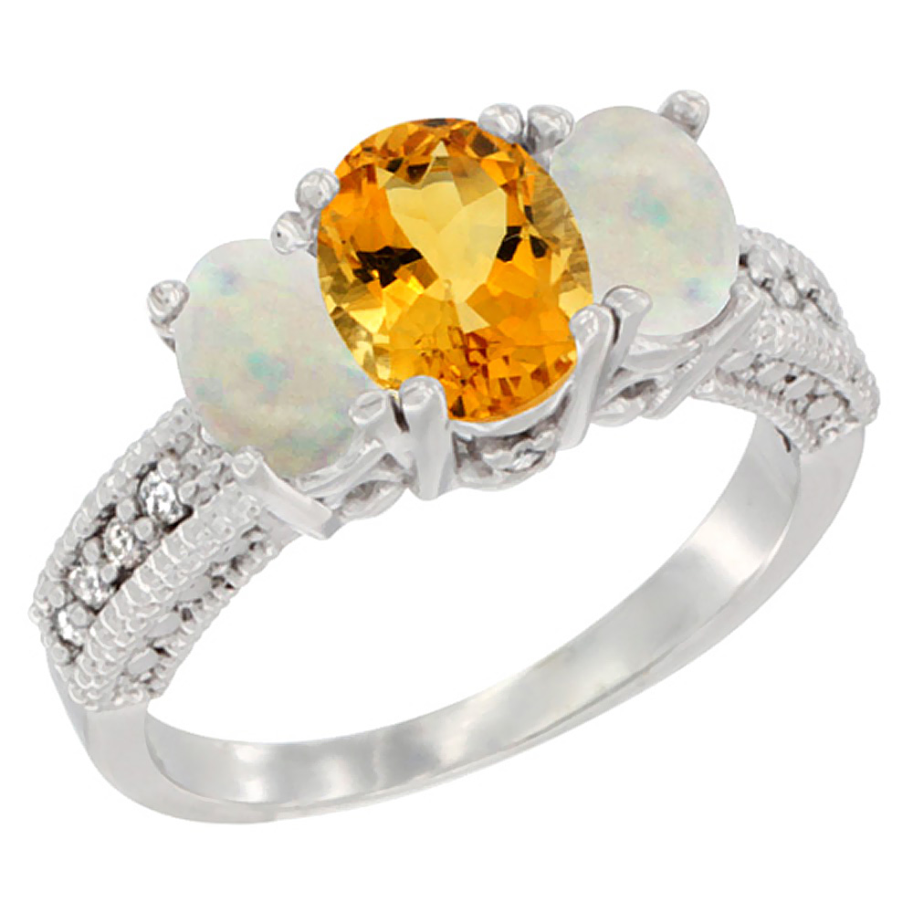 14K White Gold Diamond Natural Citrine Ring Oval 3-stone with Opal, sizes 5 - 10