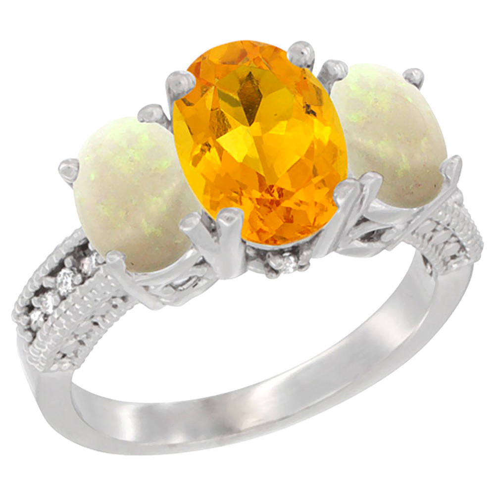 14K White Gold Diamond Natural Citrine Ring 3-Stone Oval 8x6mm with Opal, sizes5-10