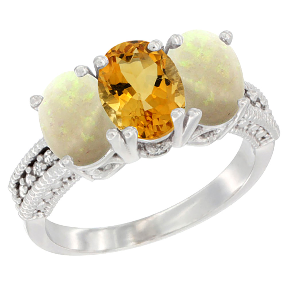 14K White Gold Natural Citrine &amp; Opal Sides Ring 3-Stone 7x5 mm Oval Diamond Accent, sizes 5 - 10