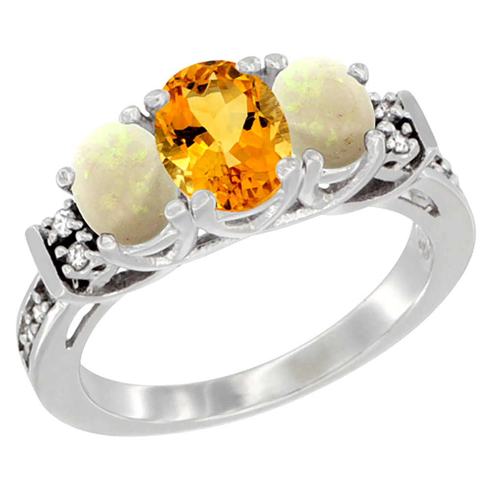14K White Gold Natural Citrine &amp; Opal Ring 3-Stone Oval Diamond Accent, sizes 5-10