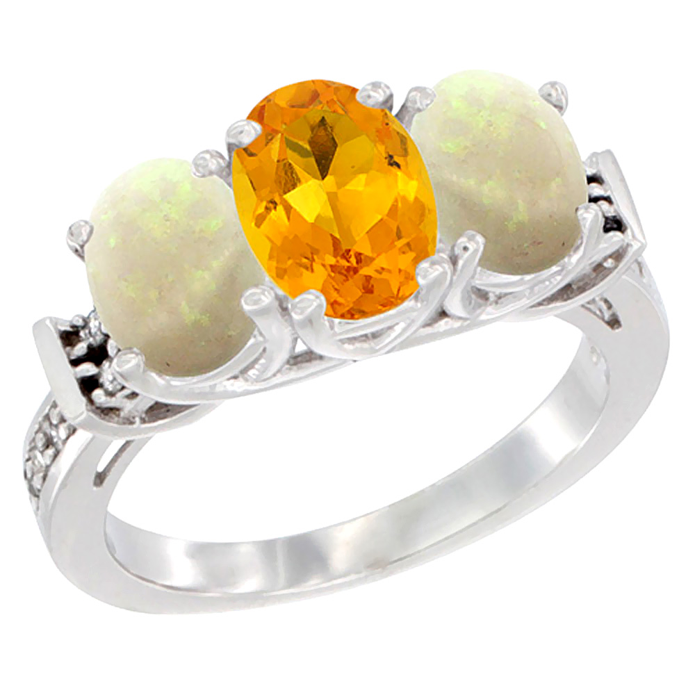 10K White Gold Natural Citrine &amp; Opal Sides Ring 3-Stone Oval Diamond Accent, sizes 5 - 10