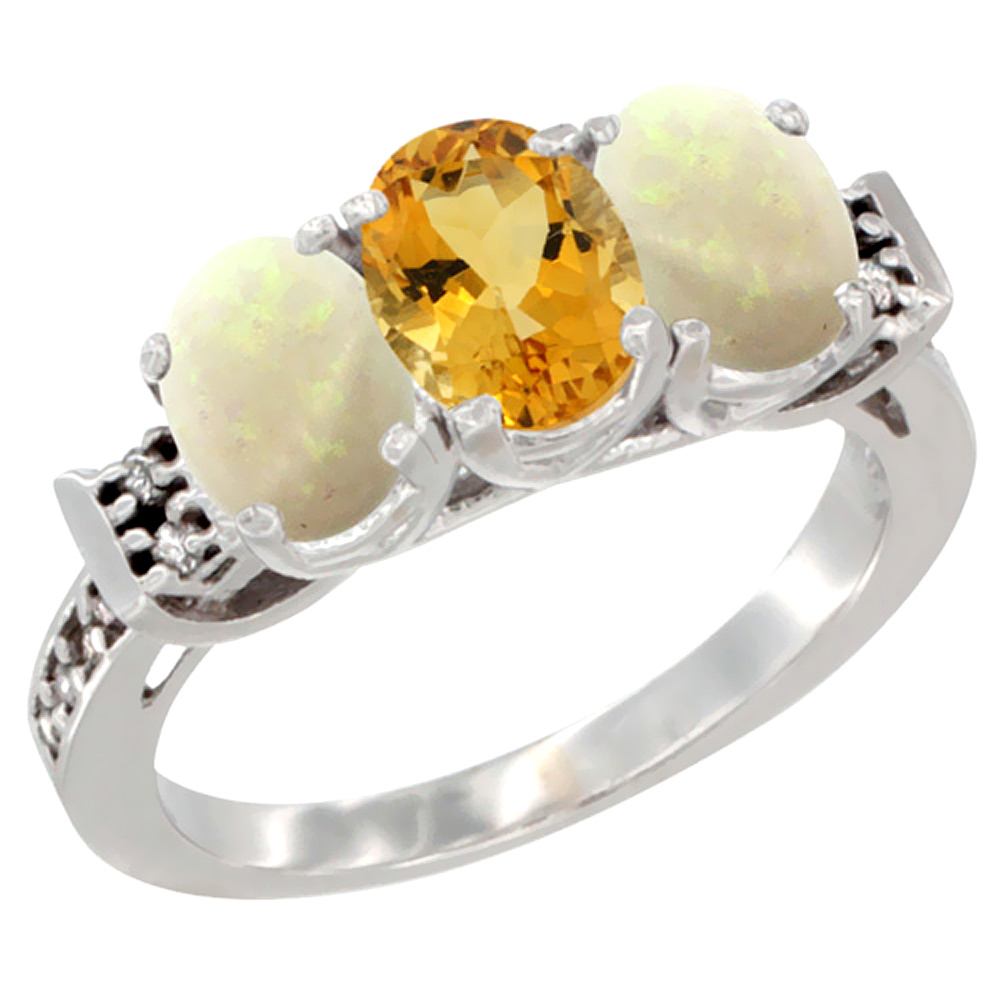 10K White Gold Natural Citrine & Opal Sides Ring 3-Stone Oval 7x5 mm Diamond Accent, sizes 5 - 10