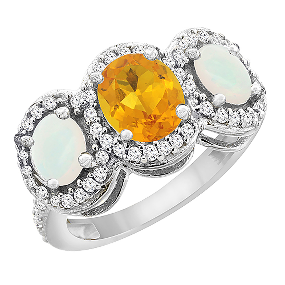 14K White Gold Natural Citrine &amp; Opal 3-Stone Ring Oval Diamond Accent, sizes 5 - 10