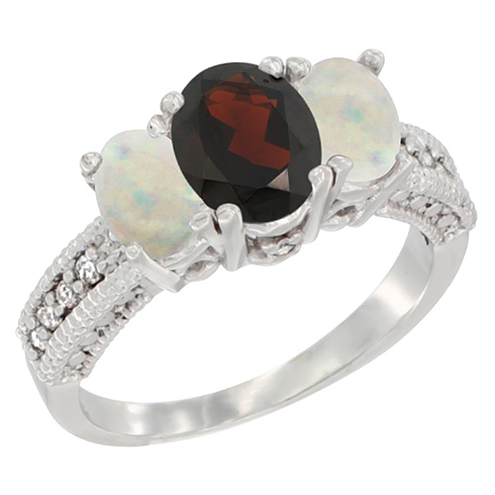 14K White Gold Diamond Natural Garnet Ring Oval 3-stone with Opal, sizes 5 - 10