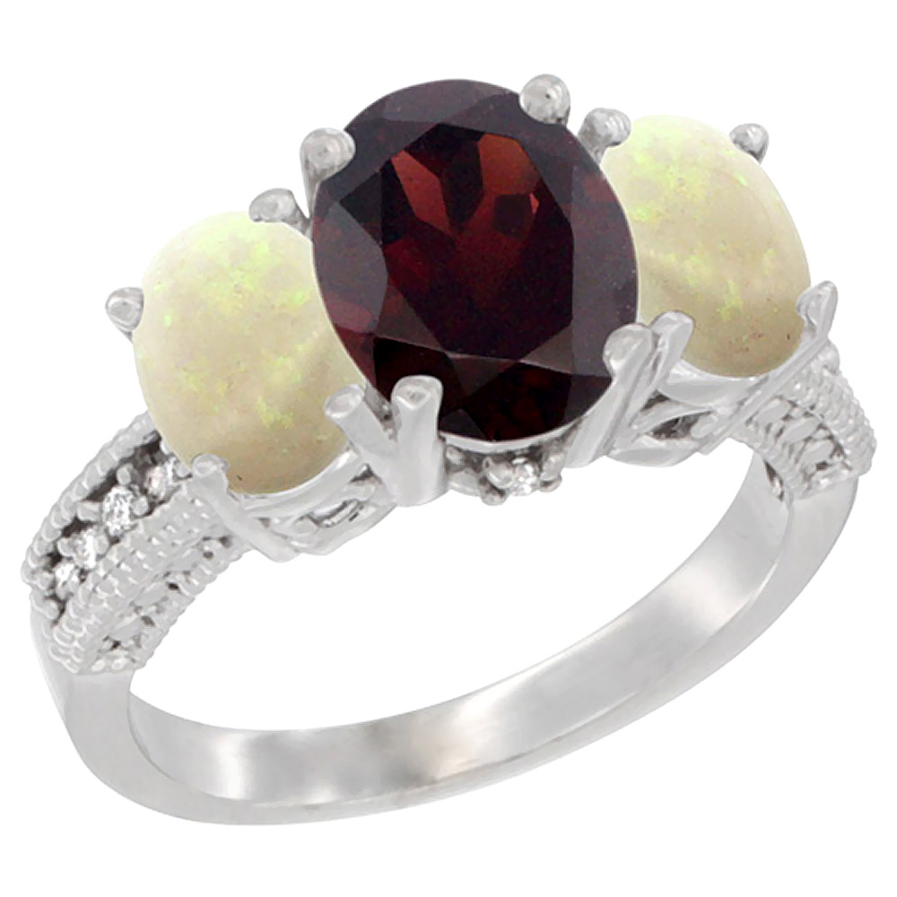 14K White Gold Diamond Natural Garnet Ring 3-Stone Oval 8x6mm with Opal, sizes5-10