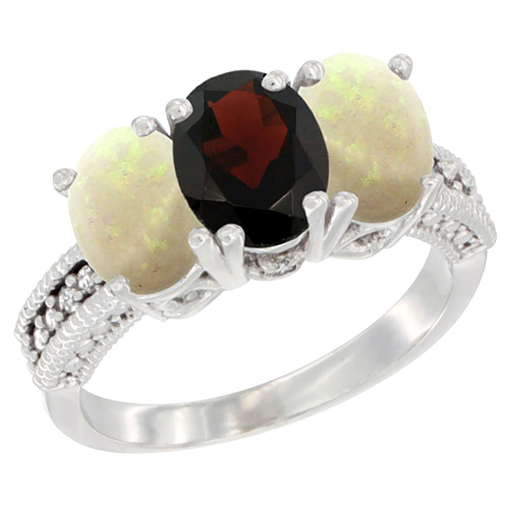 14K White Gold Natural Garnet &amp; Opal Sides Ring 3-Stone 7x5 mm Oval Diamond Accent, sizes 5 - 10