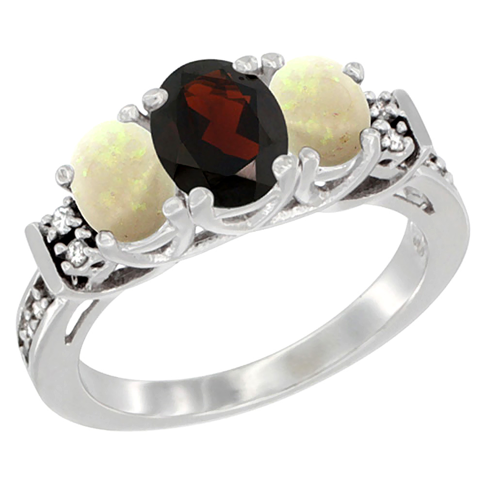 14K White Gold Natural Garnet & Opal Ring 3-Stone Oval Diamond Accent, sizes 5-10
