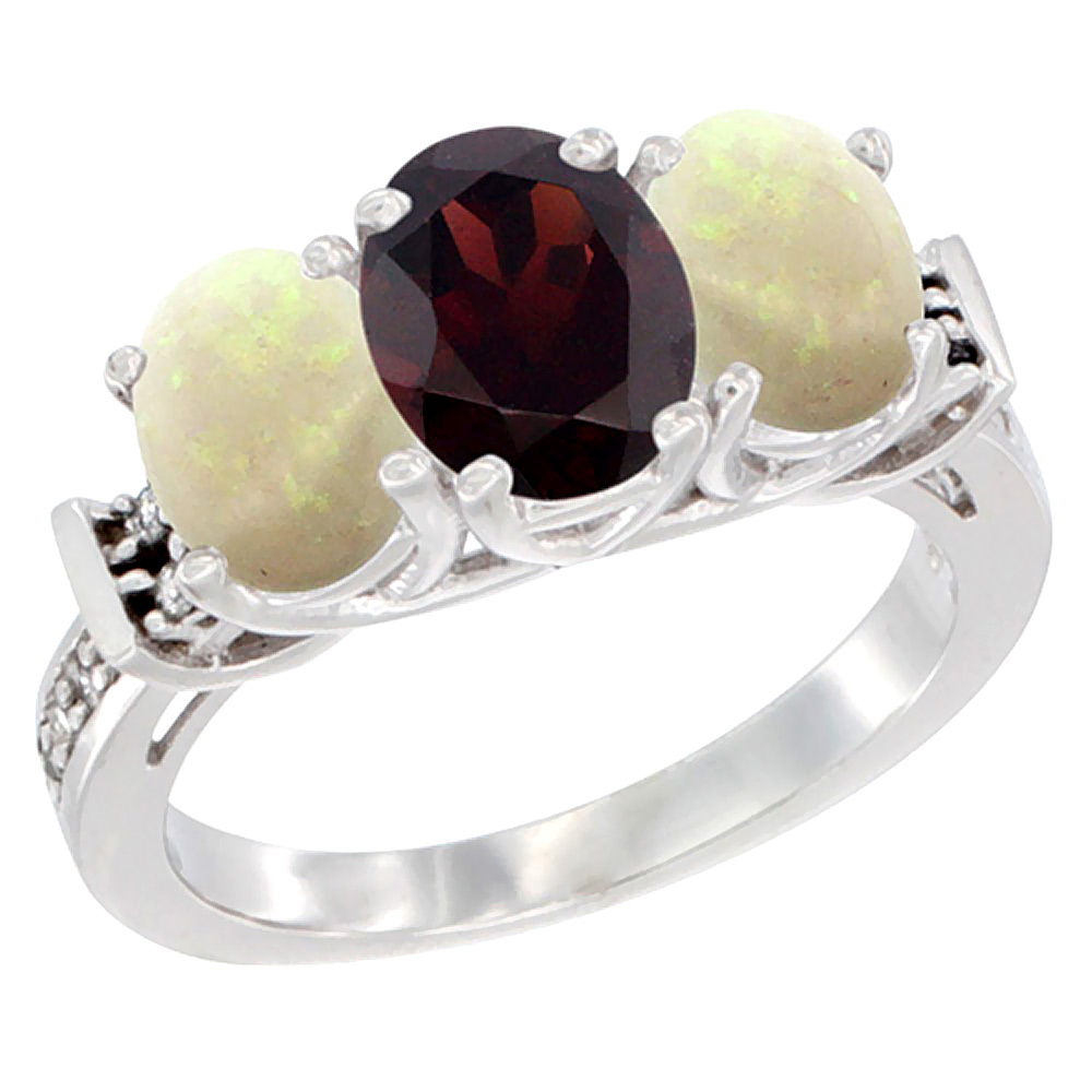 10K White Gold Natural Garnet &amp; Opal Sides Ring 3-Stone Oval Diamond Accent, sizes 5 - 10