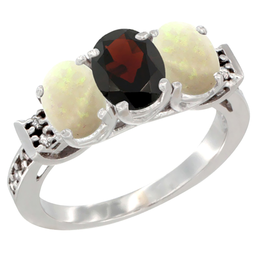 14K White Gold Natural Garnet & Opal Sides Ring 3-Stone Oval 7x5 mm Diamond Accent, sizes 5 - 10