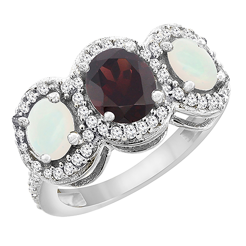 14K White Gold Natural Garnet & Opal 3-Stone Ring Oval Diamond Accent, sizes 5 - 10