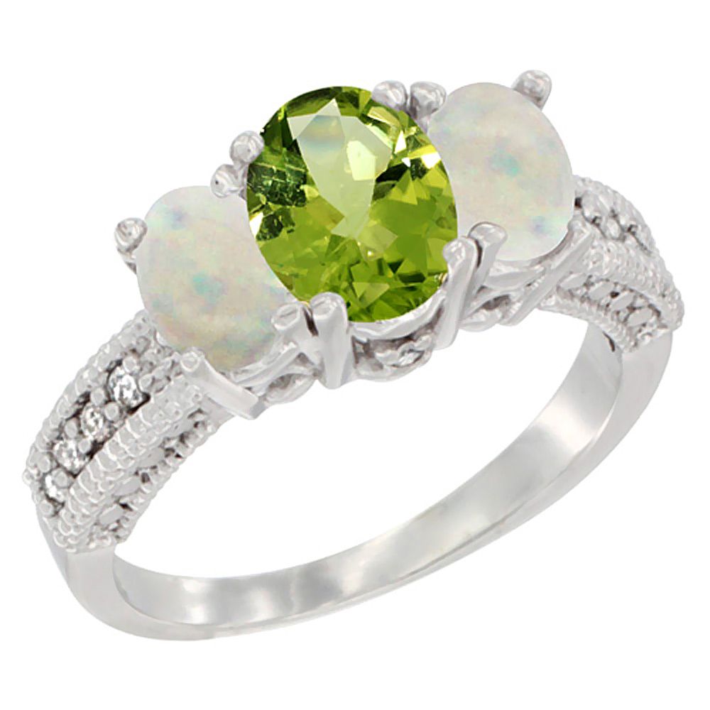 14K White Gold Diamond Natural Peridot Ring Oval 3-stone with Opal, sizes 5 - 10