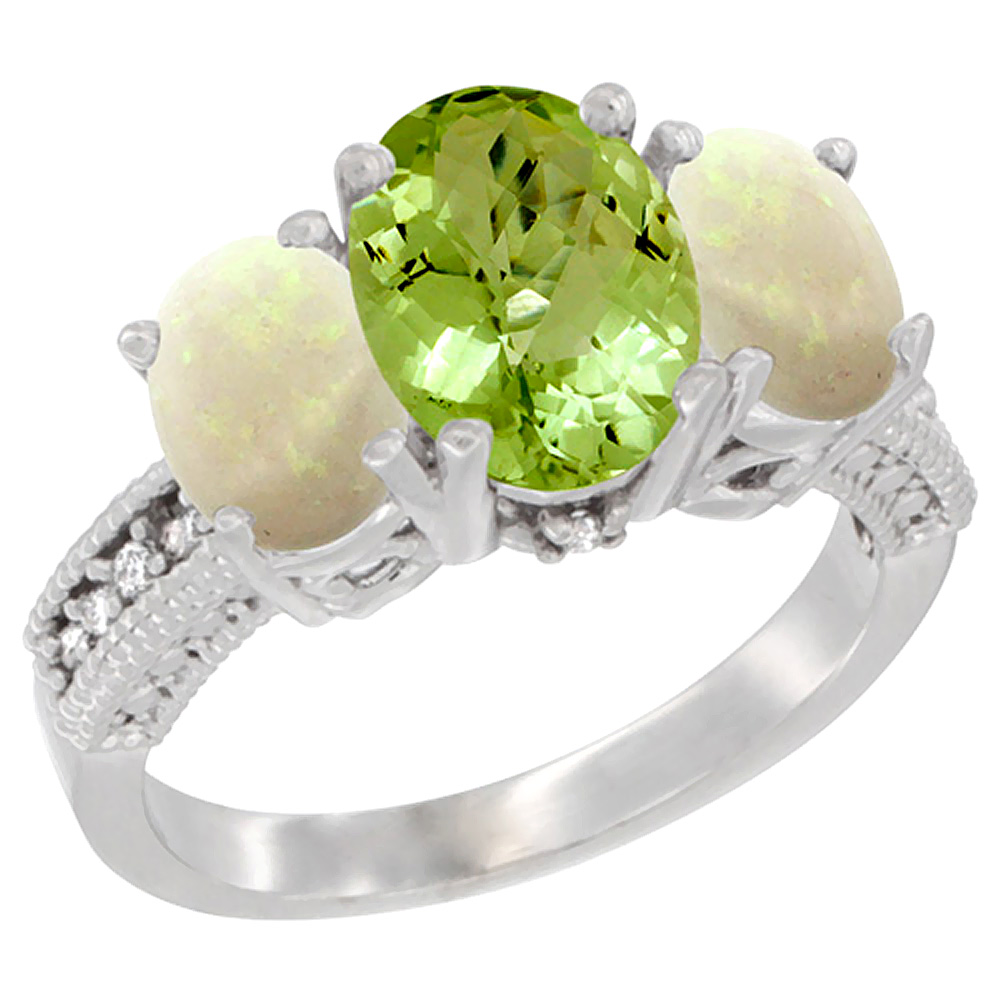 10K White Gold Diamond Natural Peridot Ring 3-Stone Oval 8x6mm with Opal, sizes5-10