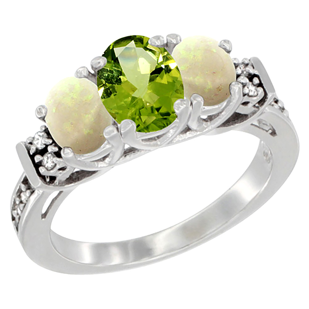 14K White Gold Natural Peridot & Opal Ring 3-Stone Oval Diamond Accent, sizes 5-10