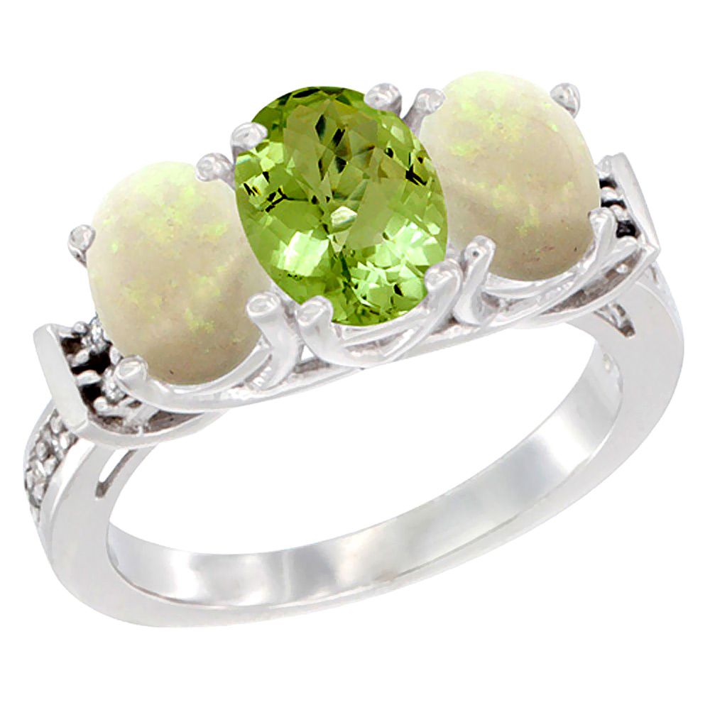 10K White Gold Natural Peridot & Opal Sides Ring 3-Stone Oval Diamond Accent, sizes 5 - 10