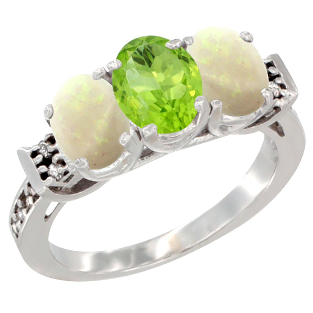 10K White Gold Natural Peridot &amp; Opal Sides Ring 3-Stone Oval 7x5 mm Diamond Accent, sizes 5 - 10