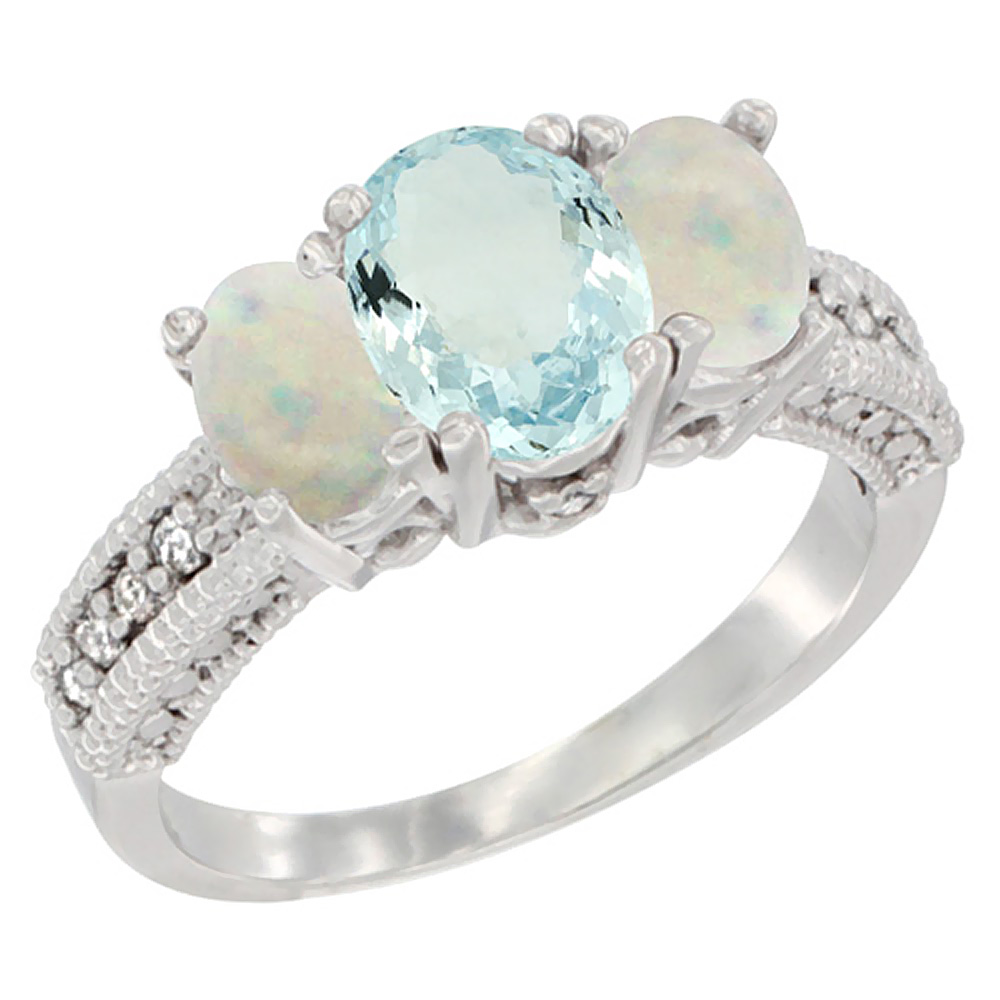 14K White Gold Diamond Natural Aquamarine Ring Oval 3-stone with Opal, sizes 5 - 10