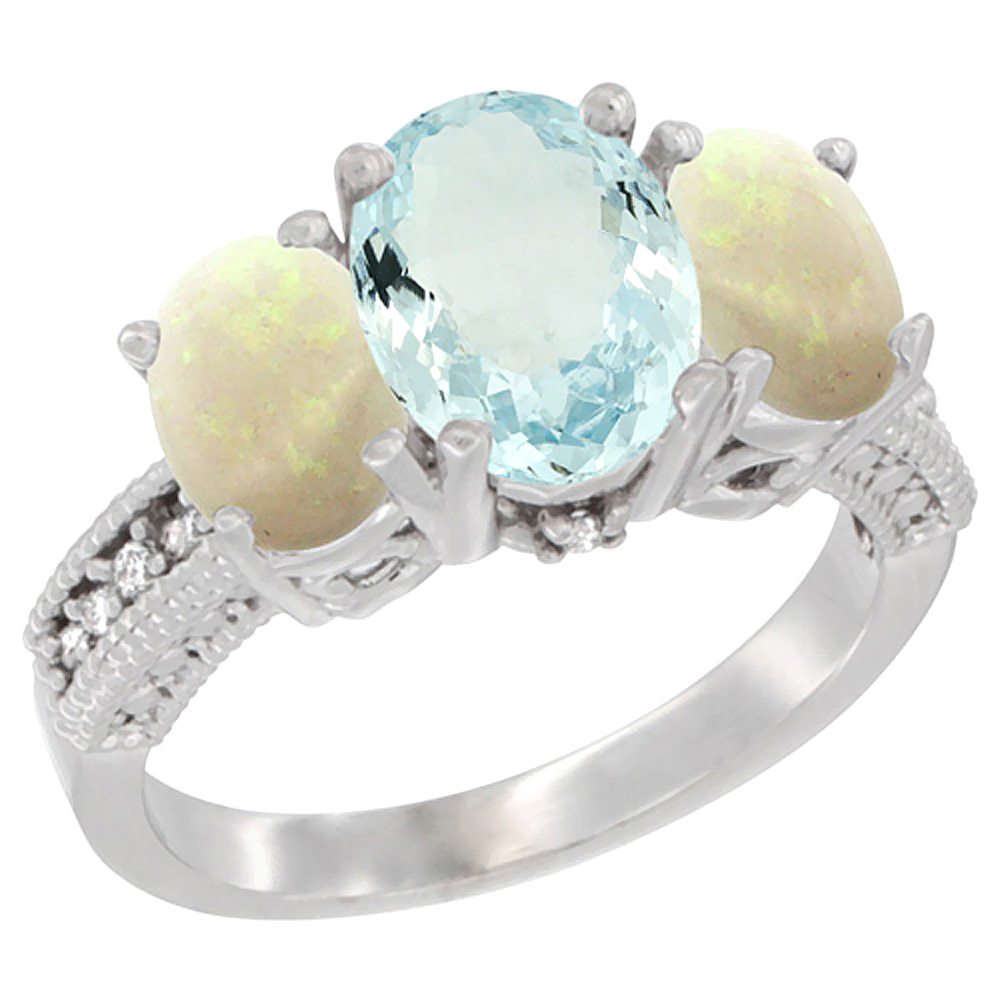 10K White Gold Diamond Natural Aquamarine Ring 3-Stone Oval 8x6mm with Opal, sizes5-10