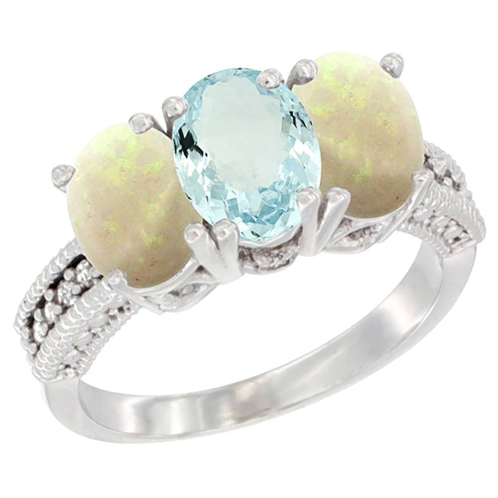 14K White Gold Natural Aquamarine & Opal Sides Ring 3-Stone 7x5 mm Oval Diamond Accent, sizes 5 - 10