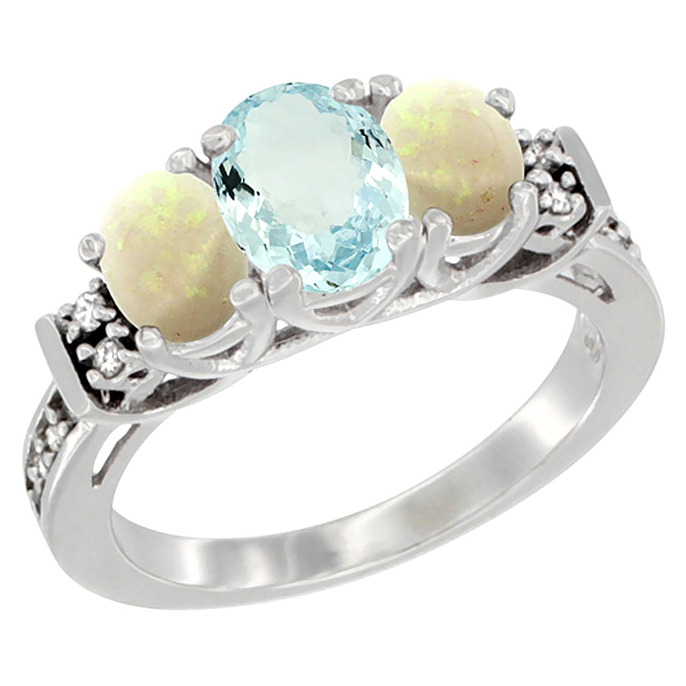 14K White Gold Natural Aquamarine &amp; Opal Ring 3-Stone Oval Diamond Accent, sizes 5-10