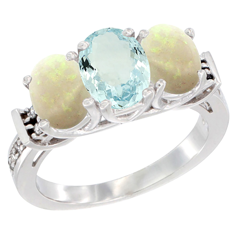 14K White Gold Natural Aquamarine & Opal Sides Ring 3-Stone Oval Diamond Accent, sizes 5 - 10