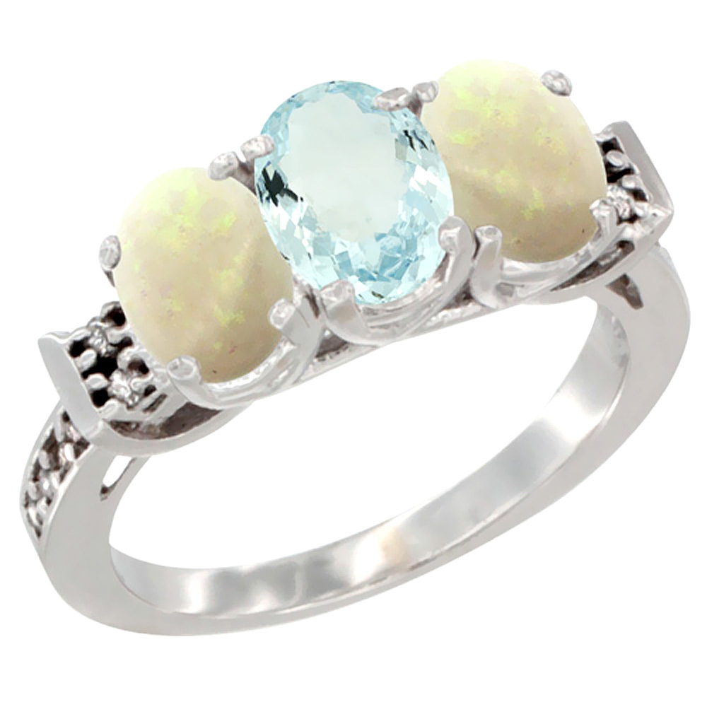 14K White Gold Natural Aquamarine &amp; Opal Sides Ring 3-Stone Oval 7x5 mm Diamond Accent, sizes 5 - 10