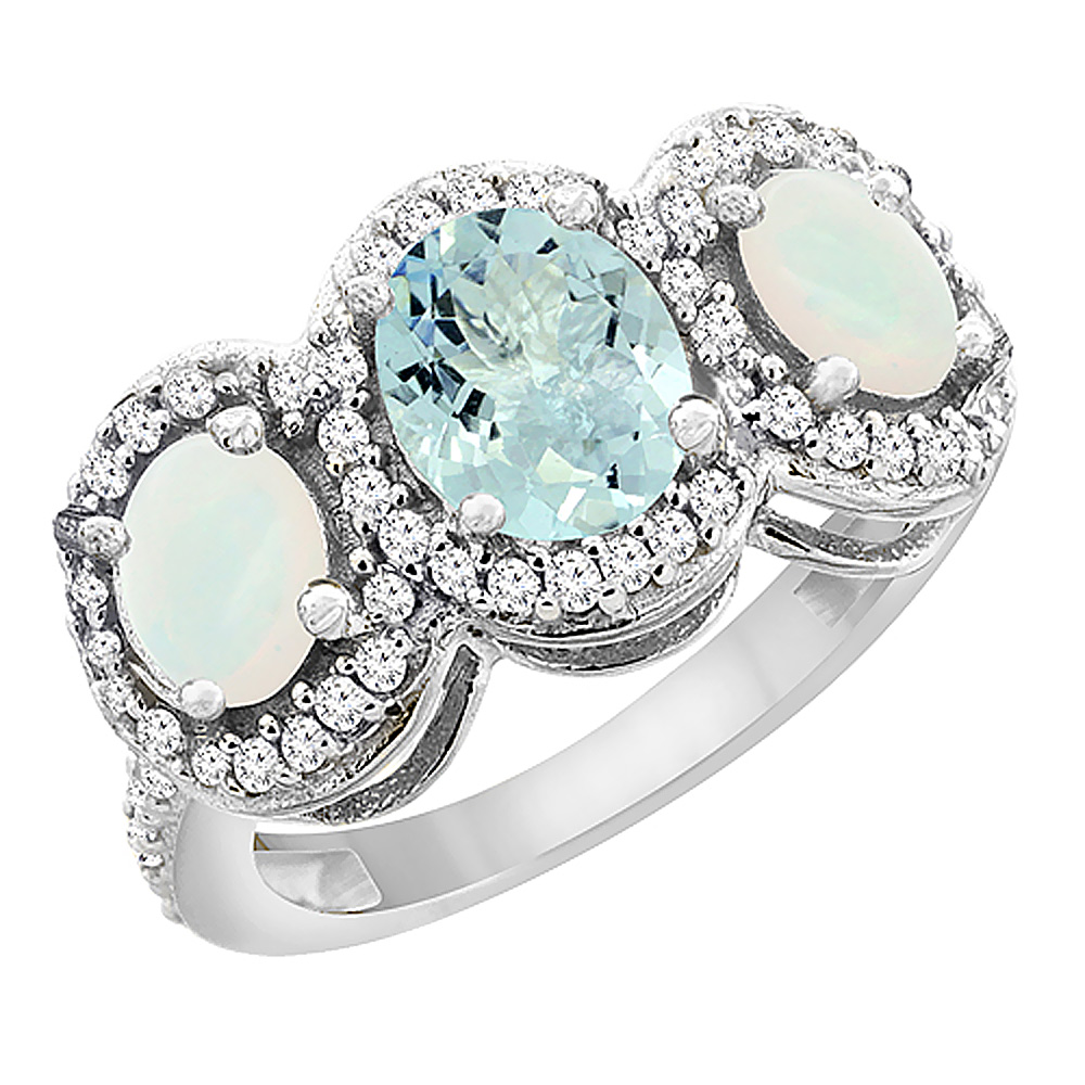 14K White Gold Natural Aquamarine & Opal 3-Stone Ring Oval Diamond Accent, sizes 5 - 10